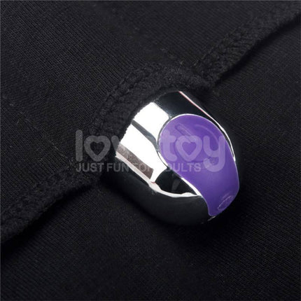 Close-up of Chic Strap-On Shorts Size S/M 32-35 metal hardware detail in purple and silver.