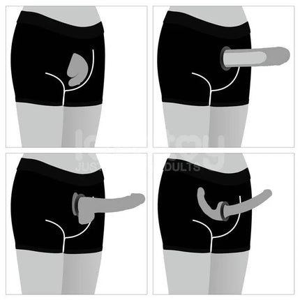 Illustration of Strap-On Shorts Size S/M 32-35 in black, showcasing different positions and fit on a mannequin. Practical and stylish design.