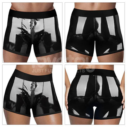 Chic Strap-On Shorts Size S/M 32-35 in black reflective material, perfect for style and functionality, shown from front and back views.