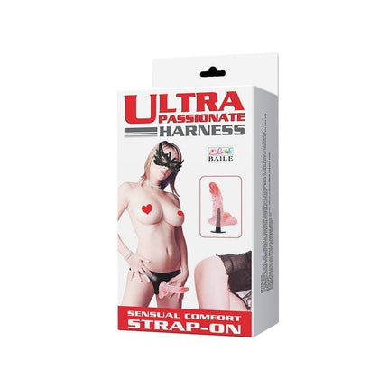 Packaging of strap-on harness with dildo, 15 cm, featuring realistic design and lifelike touch.