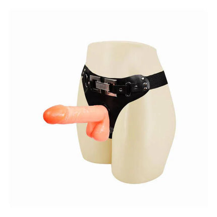 Strap-On with Dildo 15,7 cm featuring realistic design with head, testicles, and veiny body for lifelike pleasure experience.