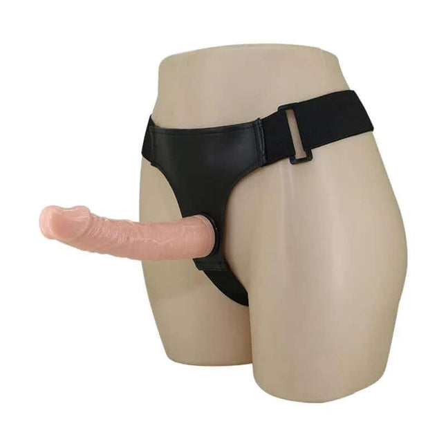 Strap-On with Dildo 18,8 cm on mannequin, showcasing realistic veined dildo and adjustable harness