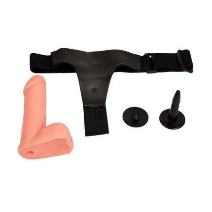 Strap-On with Dildo and Testicles 17.5 cm, lifelike design with harness components, ideal for versatile play and comfortable wear.