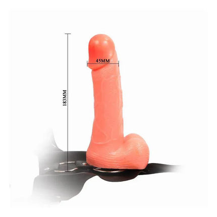 Strap-On with Dildo and Testicles Flesh 18,3 cm realistic design, featuring life-like testicles and curved shaft on a black strap base.