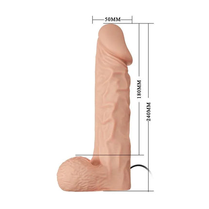Detailed view of Strap-on with Dildo and Vibration 9.4 showcasing dimensions and realistic design for enhanced pleasure.