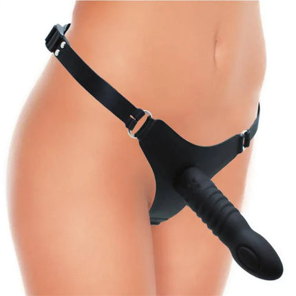 Strap-on with Dildo Silicone 16 cm harness worn on body, showcasing black detachable dildo, adjustable straps, and sleek design.