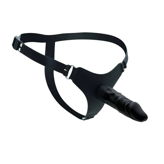 Black Strap-on with Dildo Silicone harness featuring detachable dildo and adjustable g-string for comfort and performance.