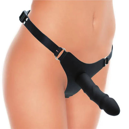 Strap-on with Dildo Silicone harness in black featuring an adjustable g-string for a secure, comfortable fit.