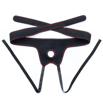 Black adjustable strap-on harness for Strap-on with Dildo with Vibrationd and Remote Control 7.5, featuring red stitching detail.