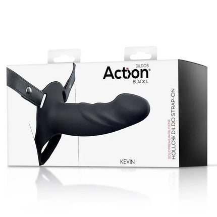 Strap-On with Hollow Dildo Premium Silicone Size L Black boxed packaging