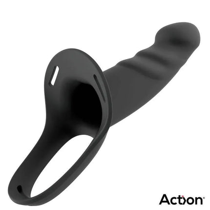 Strap-On with Hollow Dildo Premium Silicone Size L Black shown with adjustable straps for versatile use