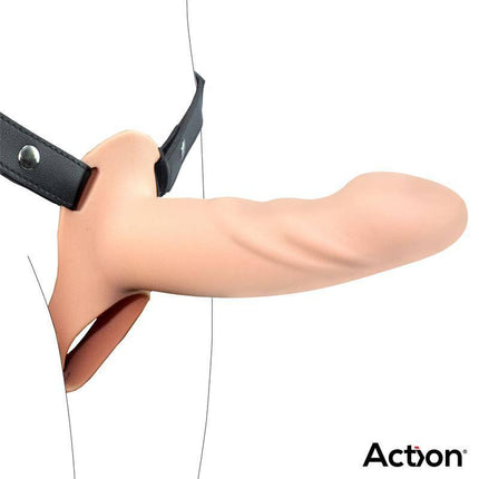 Strap-On with Hollow Dildo Premium Silicone Size L Flesh with adjustable waist buckles and straps, shown in detail