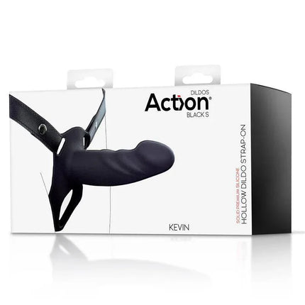 Strap-On with Hollow Dildo Premium Silicone Size S Black packaging image.