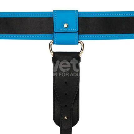 Adjustable black and blue strap from the Strap On with Vibrating Dildo 8.5, showcasing a secure and versatile design.