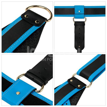 Close-up of blue and black straps and connectors for Strap On with Vibrating Dildo 8.5, highlighting sturdy design.