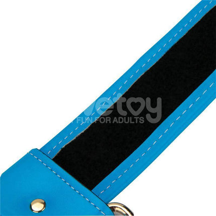 Close-up of the Strap On with Vibrating Dildo 9.5 harness, showcasing blue and black design details.