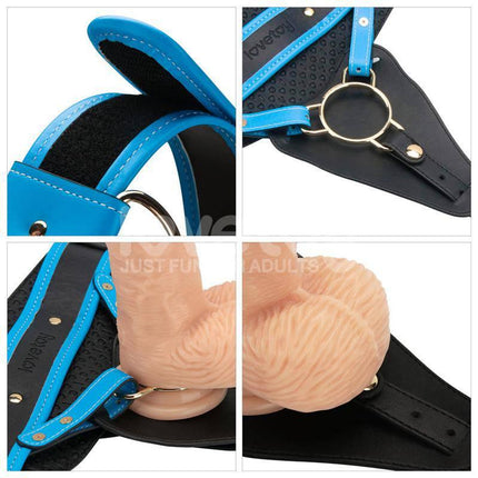 Close-up of Strap On with Vibrating Dildo 9.5 harness and dildo, featuring realistic texture and secure straps for customizable pleasure.