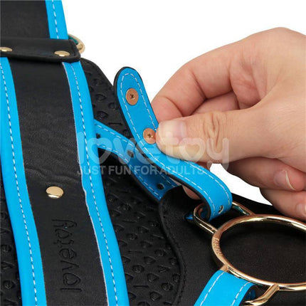 Close-up of adjustable blue strap for Strap On with Vibrating Dildo 9.5 harness, showcasing durable design and secure fit.