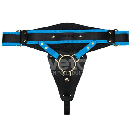 Adjustable black and blue harness for Strap On with Vibrating Dildo 9.5, featuring a secure fit and lifelike design.