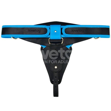 Strap On with Vibrating Dildo 9.5 harness in black and blue for versatile pleasure