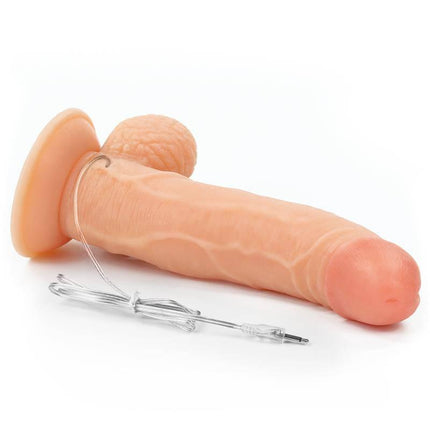 Strap-on with Vibrating Dildo and Remote Control 8.5, realistic dildo on white background with control wire.