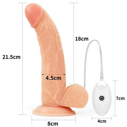 Strap-on with Vibrating Dildo and Remote Control 8.5, realistic dildo with dimensions, wired remote, and suction base.