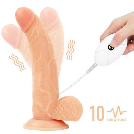 Strap-on with Vibrating Dildo and Remote Control 8.5 demonstrating realistic design and remote control functionality.