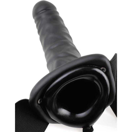 Close-up of Strap-On with Vibrating Hollow Dildo 8 Black showing detailed texture and elastic harness