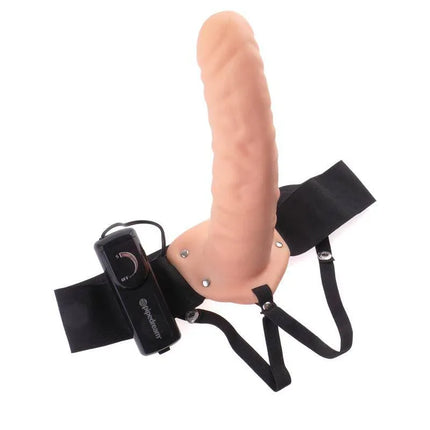 Strap-On with Vibrating Hollow Dildo Flesh featuring an 8-inch dildo and adjustable harness for comfortable wear.