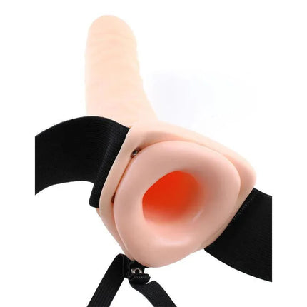 Strap-On with Vibrating Hollow Dildo Flesh featuring adjustable harness and phthalate-free material, focusing on comfort and safety.
