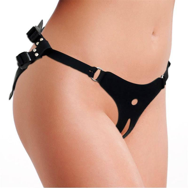 Black silicone g-string Strap-on Without Dildo harness with adjustable clips for custom fit.