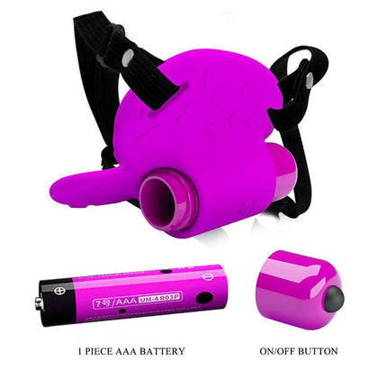 Purple Strap Stimulator with secure straps, AAA battery, and on/off button for versatile use.