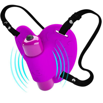 Strap Stimulator in vibrant purple with adjustable straps, showcasing its hands-free design and 10 vibration settings for personalized use.