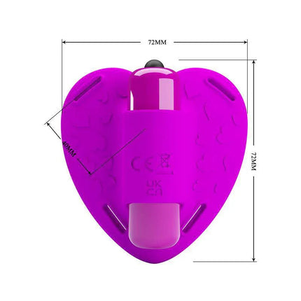 Purple heart-shaped Strap Stimulator with strap holes and size dimensions, featuring silicone surface for smooth, body-safe use.