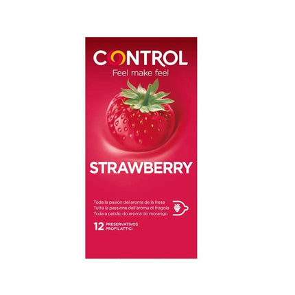 Strawberry 12 uds. natural latex condoms with sweet strawberry scent on red packaging.