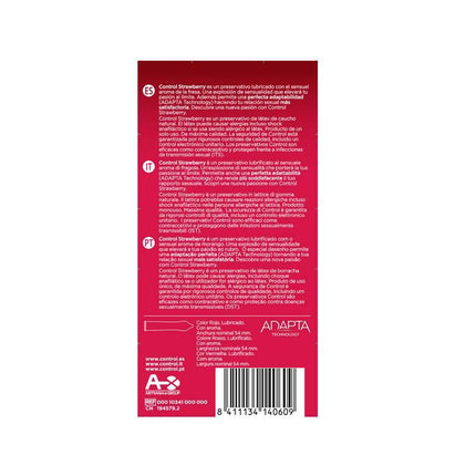 Back view of Strawberry 12 uds condom pack with product details and barcode.