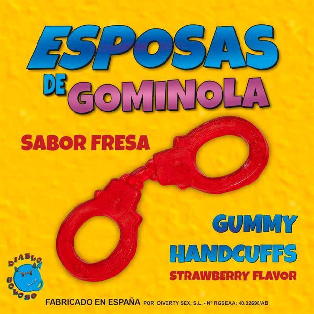Bright packaging of Strawberry Flavored Gummy Red Handcuffs with red candy handcuffs design on a yellow background.