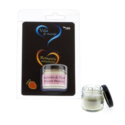 Strawberry Scented Massage Candle 30 ml in packaging and glass jar