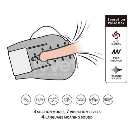 Streetgirls Sensation Pulse realistic vibrating male masturbator with auto suction, vibration levels and multilingual moaning sounds diagram