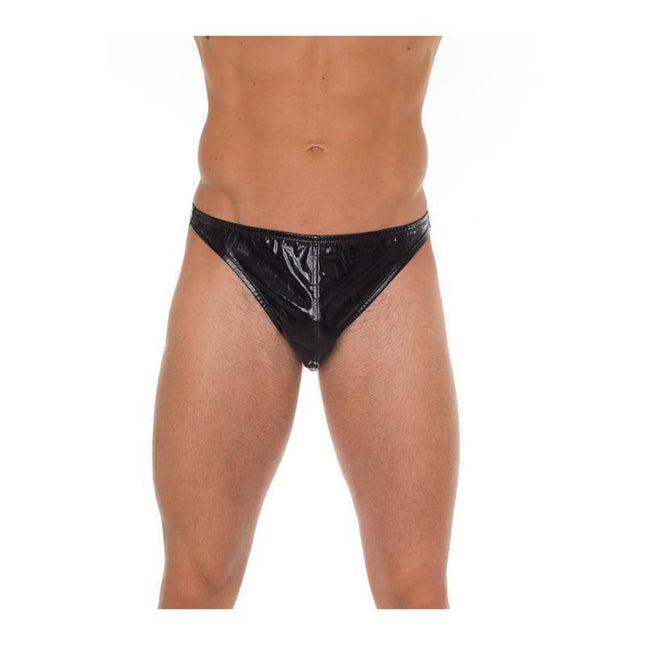 String Black Shinny One Size thong with shiny black finish, flexible fit for various body shapes, made from 100% polyester material.