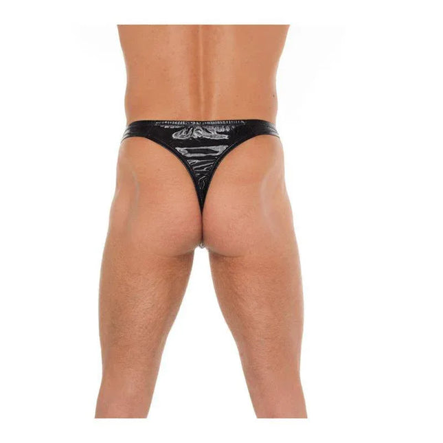 String Black Shinny One Size thong with shiny finish and minimal design, made from polyester for a sleek silhouette fitting various body shapes.