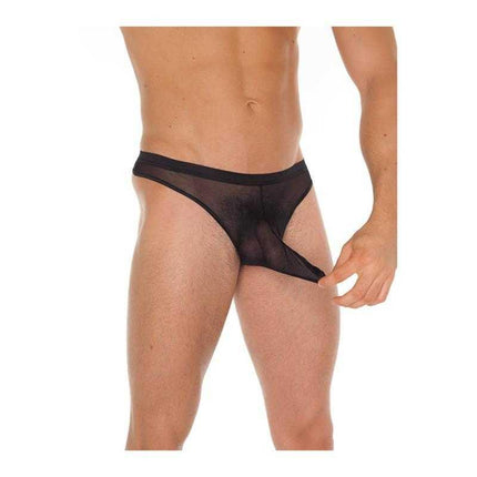 String Fishnet Black One Size thong on male model, showcasing semi-transparent netting and daring design.