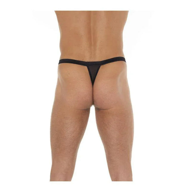 String with Strings Black One size thong with side straps, minimal silhouette, versatile one-size fit lingerie.