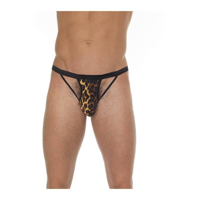Stringwith Strings Black and Leopard One Size thong in bold leopard print on model, perfect for flirty and daring outfits.