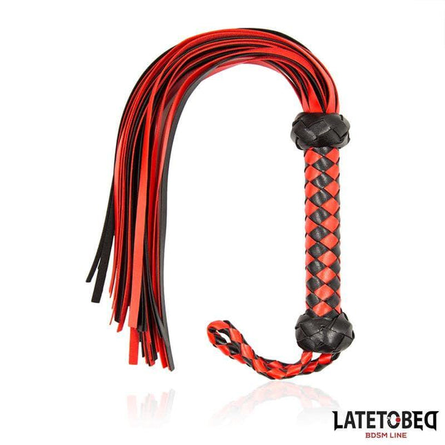 Stripe Barbed Flogger Red and Black with barbed detailing and braided handle on a white background.