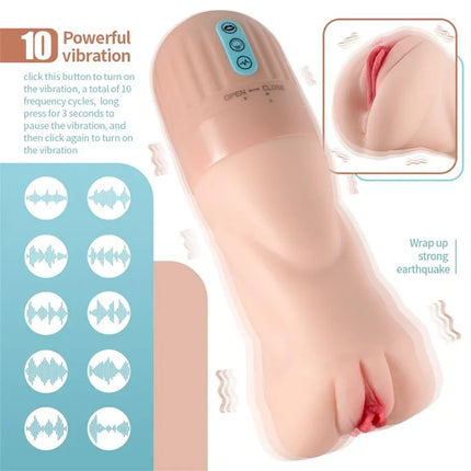 Suctroker V2.0 VI Sucking Effect and Vibrating Masturbator showing 10 powerful vibration modes for intense stimulation
