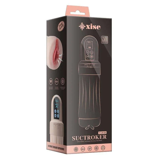 Suctroker V3.0 III Sucking Effect and Vibrating Masturbator packaging box with features displayed
