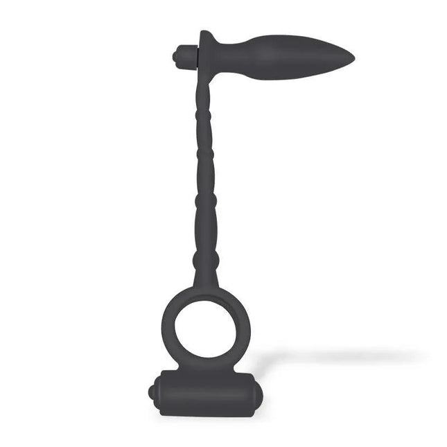 Sugilite Vibrating Anal Plug with Penis Ring with vibration in black silicone, showcasing its ergonomic design for enhanced pleasure.