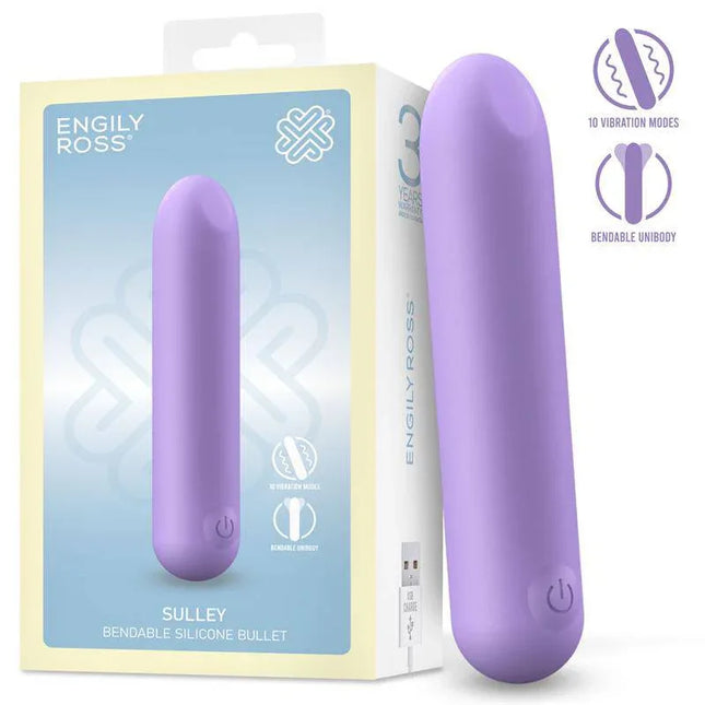 Engily Ross Sulley Vibrating Bullet Liquid Silicone Unibody Bendable USB with packaging, showing features like grooves and bendable unibody.