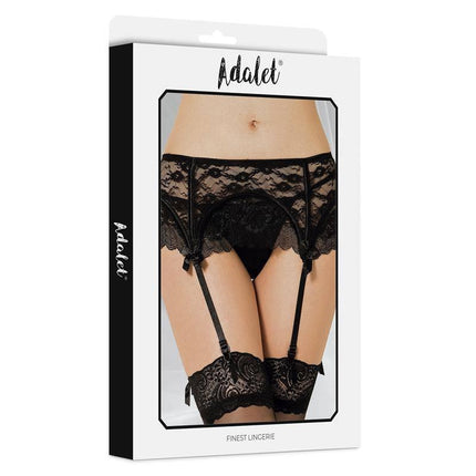 Sully Lace Garter and Thong Set in packaging, featuring elegant floral lace and mesh design by Adalet